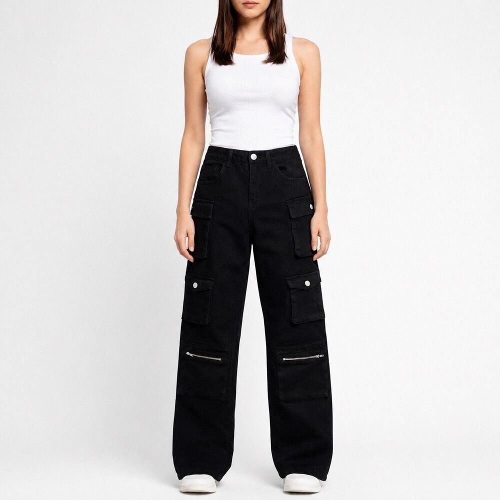 Womens Wide Leg Cargo Boyfriend Pants Loose Hip Hop Streetwear 9 29x30 Black NWT